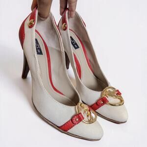 Y2K Etro Milano Pegasus Detail Canvas Red Leather Heels EU 39.5 Women’s US 9